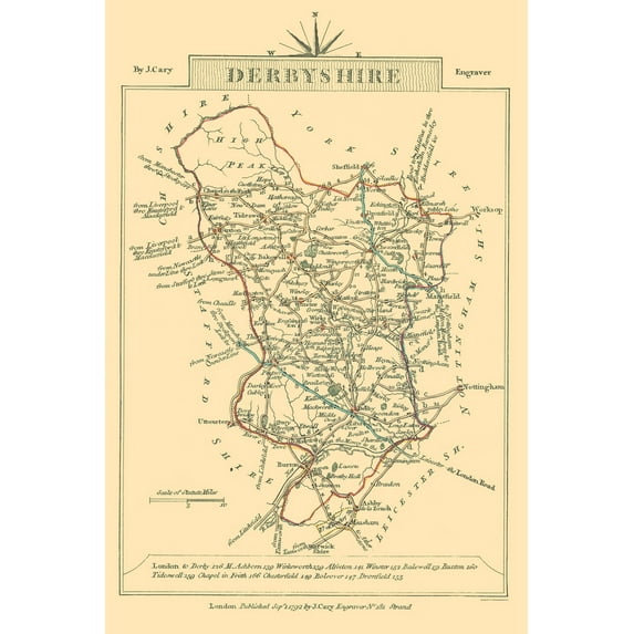 Historic Map - Derbyshire County England - Cary 1792 - 23 x 34.47 - Vintage Wall Art
