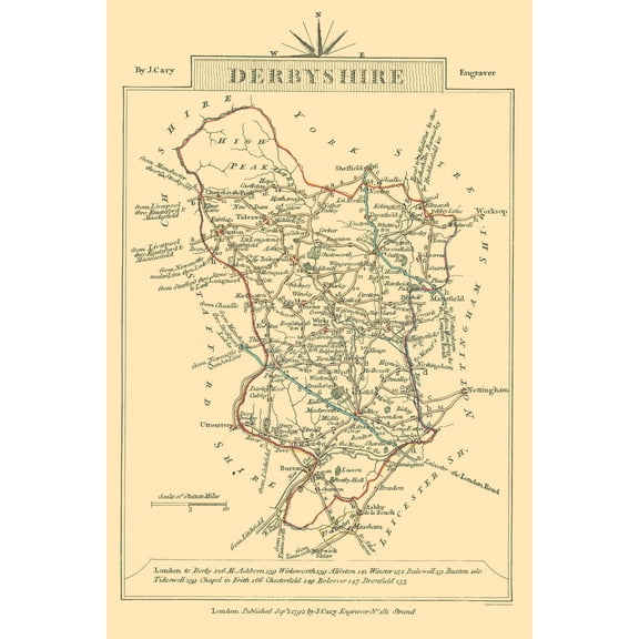 Historic Map - Derbyshire County England - Cary 1792 - Vintage Wall Art