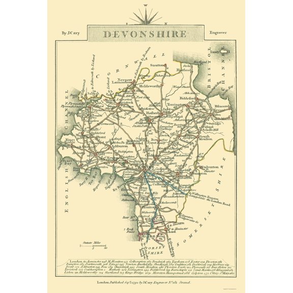 Historic Map - Devonshire County England - Cary 1792 - Vintage Wall Art