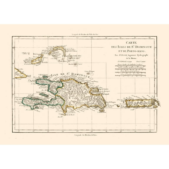 Historic Map - Dominican Republic Puerto Rico - Santini 1794 - 32.23 x 23 - Vintage Wall Art