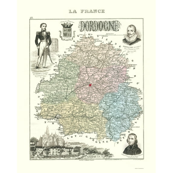 Historic Map - Dordogne Department France - Migeon 1869 - Vintage Wall Art