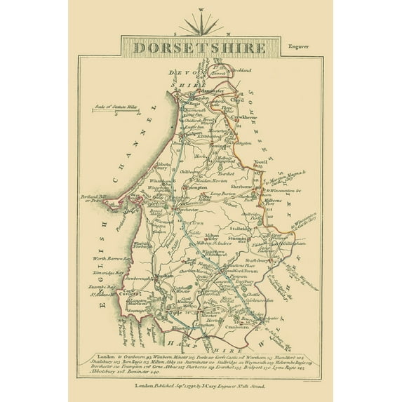 Historic Map - Dorsetshire County England - Cary 1792 - 23 x 34.83 - Vintage Wall Art