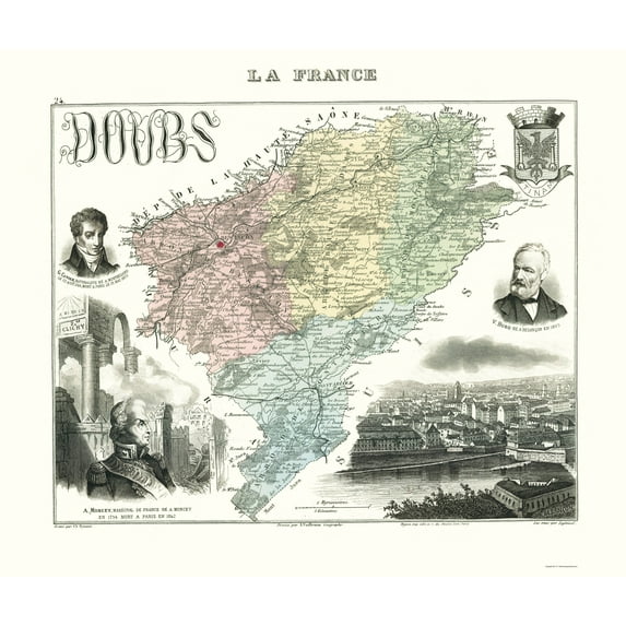 Historic Map - Doubs Department France - Migeon 1869 - Vintage Wall Art