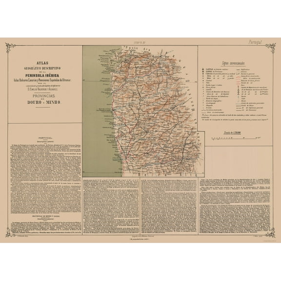 Historic Map - Douro Minho Portugal - Valverde 1880 - 31.41 x 23 - Vintage Wall Art