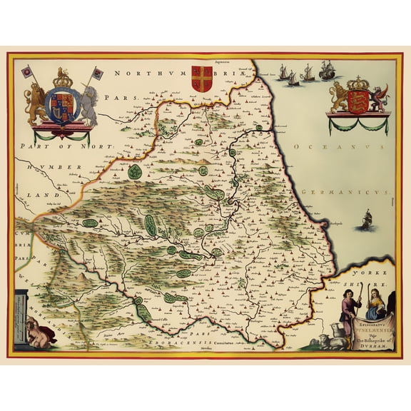 Historic Map - Durham County England - Blaeu 1645 - 23 x 29.56 - Vintage Wall Art