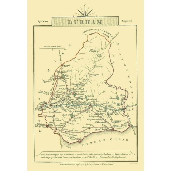 Historic Map - Durham County England - Cary 1792 - Vintage Wall Art