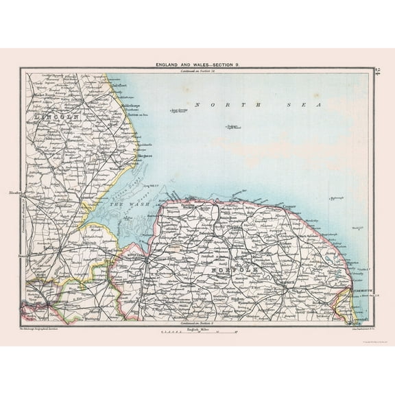 Historic Map - East Central England - Bartholomew 1892 - 30.42 x 23 - Vintage Wall Art