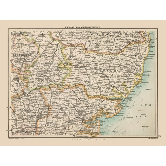 Historic Map - East England - Bartholomew 1892 - 30.28 x 23 - Vintage Wall Art