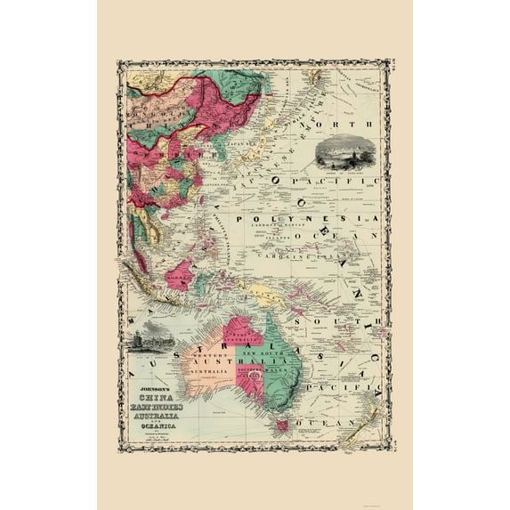 Historic Map - East Indies China Australia Oceanica - Johnson 1860 - Vintage Wall Art