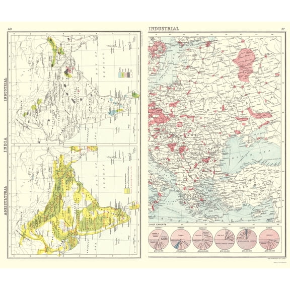 Historic Map - Eastern Europe India Industrial - Bartholomew 1907 - 23 x 27 - Vintage Wall Art