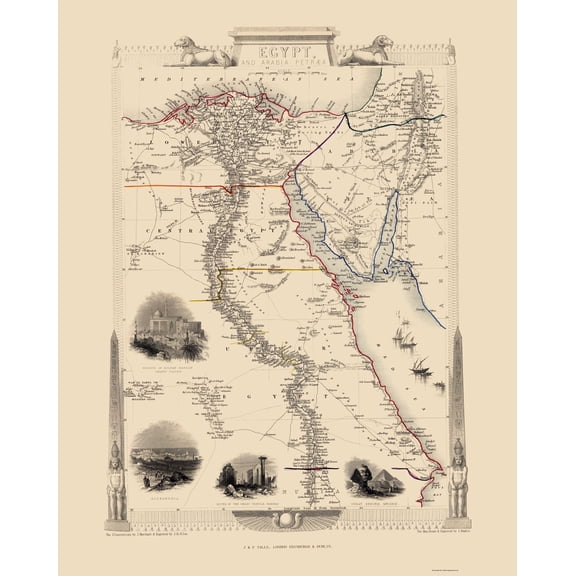 Historic Map - Egypt Arabia Peninsula - Tallis 1851 - 23 x 28.83 - Vintage Wall Art