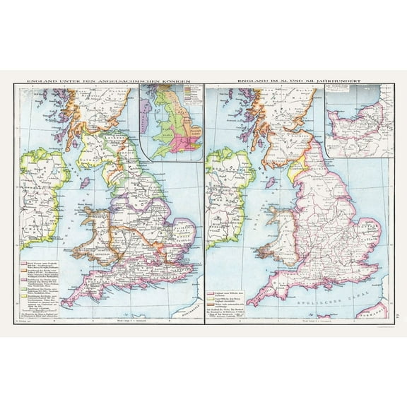 Historic Map - England Anglo Saxon Kings - Droysen 1886 - 35.03 x 23 - Vintage Wall Art