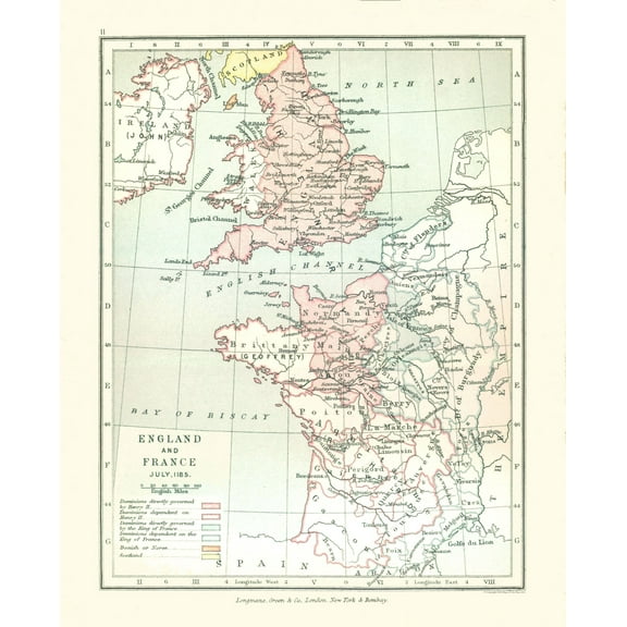 Historic Map - England France 1185 - Gardiner 1902 - 23 x 28.44 - Vintage Wall Art