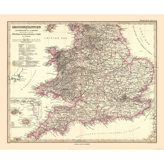 Historic Map - England Wales - Stieler 1885 - 27.79 x 23 - Vintage Wall Art