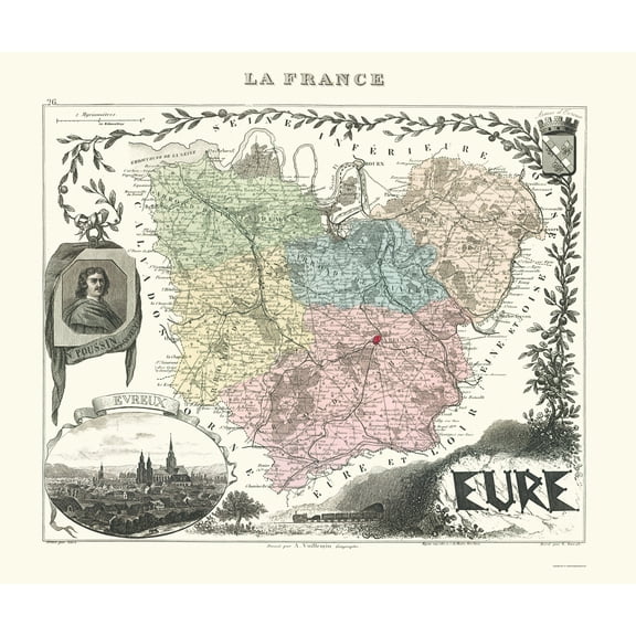 Historic Map - Eure Department France - Migeon 1869 - Vintage Wall Art