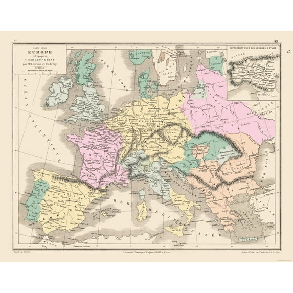 Historic Map - Europe 1453 to 1558 - Drioux 1882 - Vintage Wall Art
