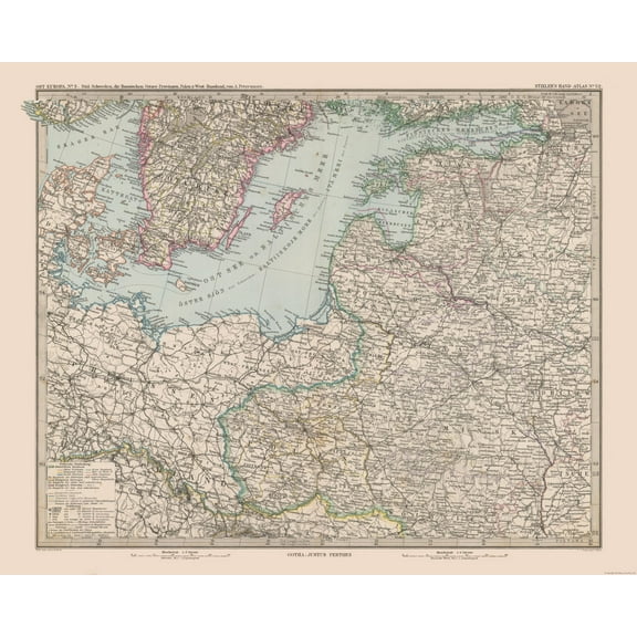 Historic Map - Europe Baltic Sea Surroundings - Stieler 1885 - 28.50 x 23 - Vintage Wall Art