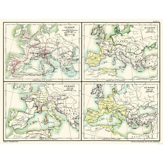 Historic Map - Europe Barbarian Migrations 451 AD 500 AD - Poole 1902 - 29.91 x 23 - Vintage Wall Art