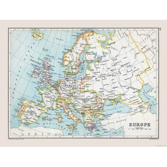 Historic Map - Europe - Bartholomew 1892 - Vintage Wall Art
