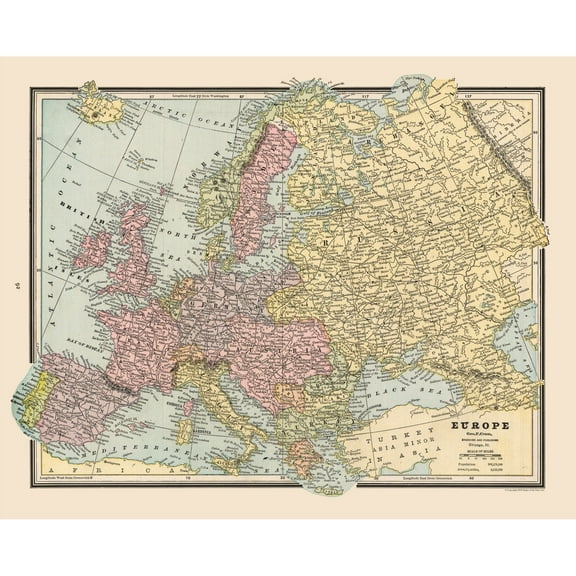 Historic Map - Europe - Cram 1888 - 28.62 x 23 - Vintage Wall Art