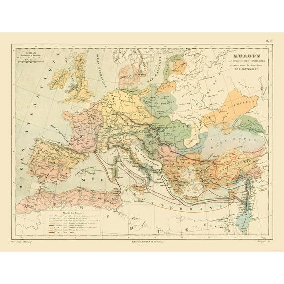 Historic Map - Europe Crusades - Cortambert 1880 - Vintage Wall Art