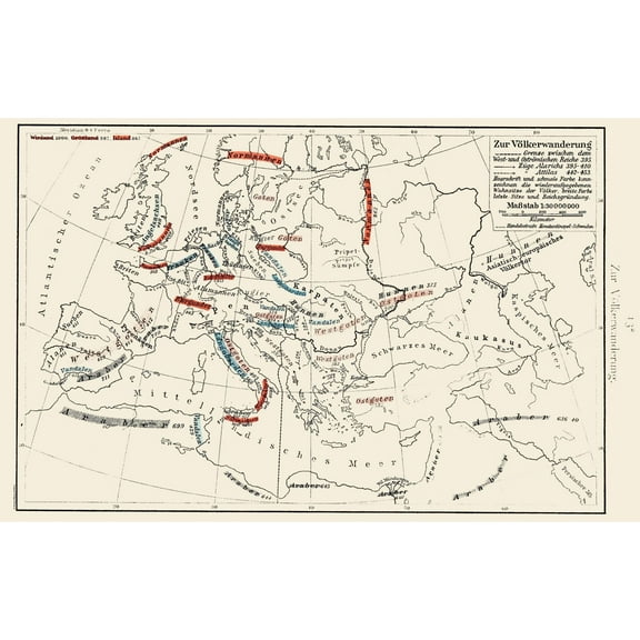 Historic Map - Europe Migrations 395-453 - Putzgers 1897 - Vintage Wall Art