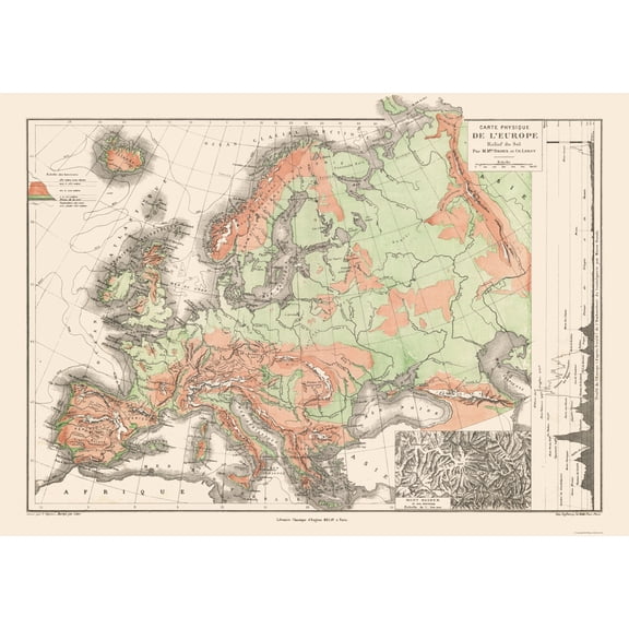 Historic Map - Europe Physical Terrain Floor - Drioux 1882 - Vintage Wall Art