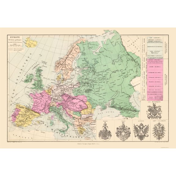 Historic Map - Europe Political Divisions - Drioux 1882 - 33.44 x 23 - Vintage Wall Art