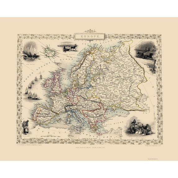 Historic Map - Europe - Tallis 1851 - Vintage Wall Art