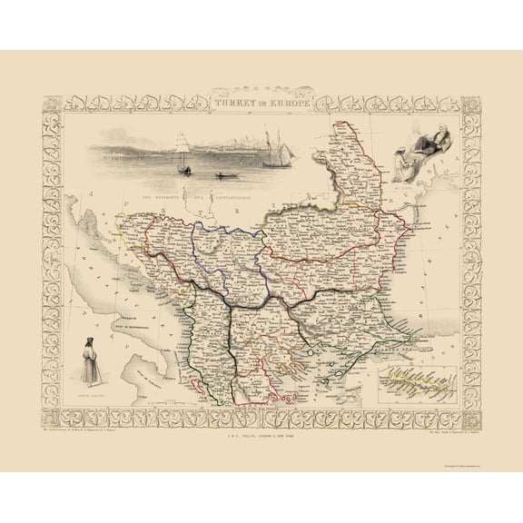 Historic Map - Europe Turkey - Tallis 1851 - 23 x 28.45 - Vintage Wall Art