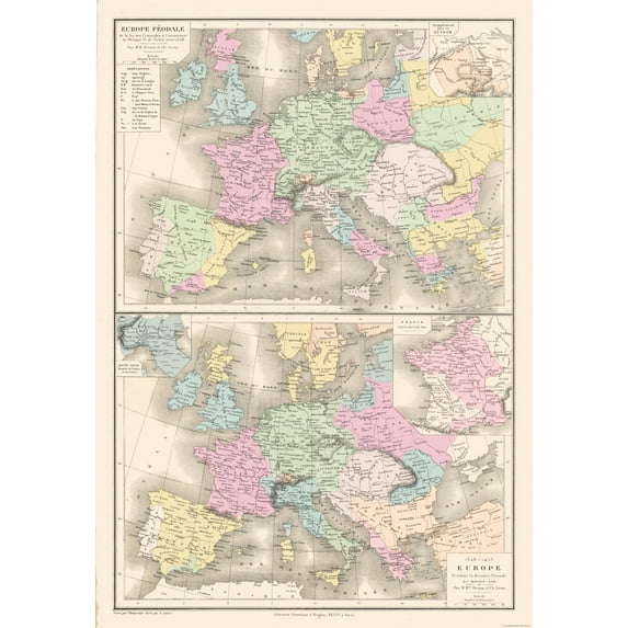 Historic Map - Feudal Europe 1270 1453 - Drioux 1882 - Vintage Wall Art