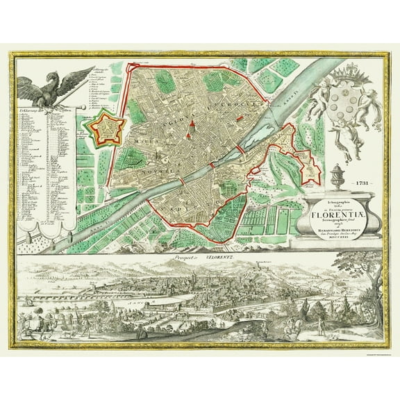 Historic Map - Florence Italy - Homann 1731 - 29.25 x 23 - Vintage Wall Art