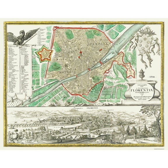Historic Map - Florence Italy - Homann 1731 - Vintage Wall Art