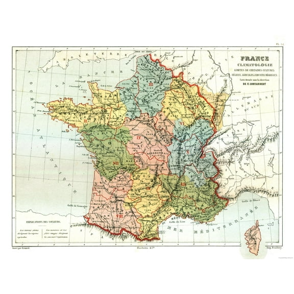Historic Map - France Climatology - Cortambert 1880 - 30.10 x 23 - Vintage Wall Art