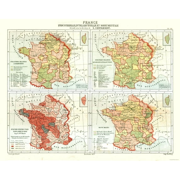 Historic Map - France Industries Monuments - Cortambert 1880 - Vintage Wall Art