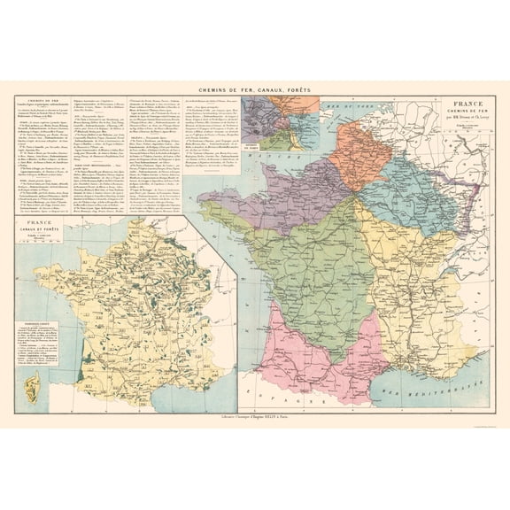 Historic Map - France Railroads Canals Forests - Drioux 1882 - Vintage Wall Art