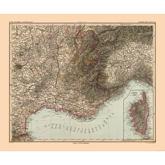 Historic Map - France Southeastern - Stieler 1885 - 27.56 x 23 - Vintage Wall Art