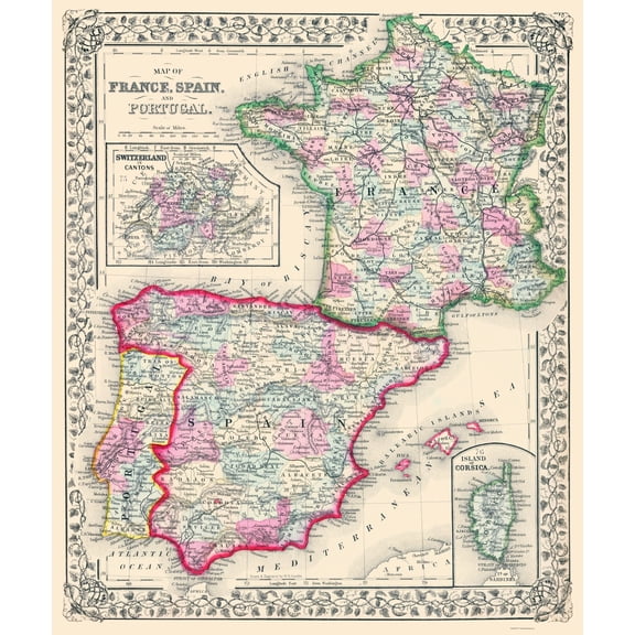 Historic Map - France Spain Portugal - Mitchell 1864 - 23 x 27.47 - Vintage Wall Art