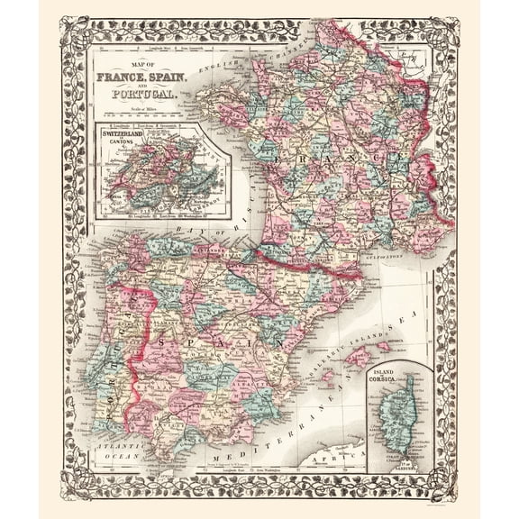 Historic Map - France Spain Portugal - Mitchell 1867 - Vintage Wall Art