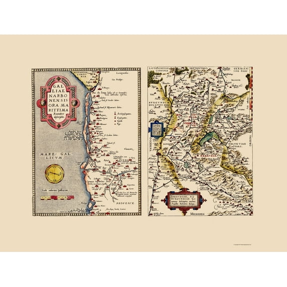 Historic Map - France Switzerland Italy - Ortelius 1574 - Vintage Wall Art