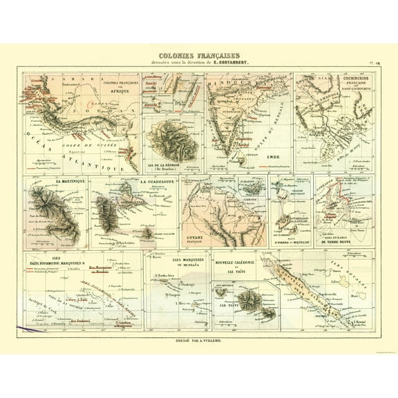 Historic Map - French Colonies - Cortambert 1880 - 29.38 x 23 - Vintage Wall Art