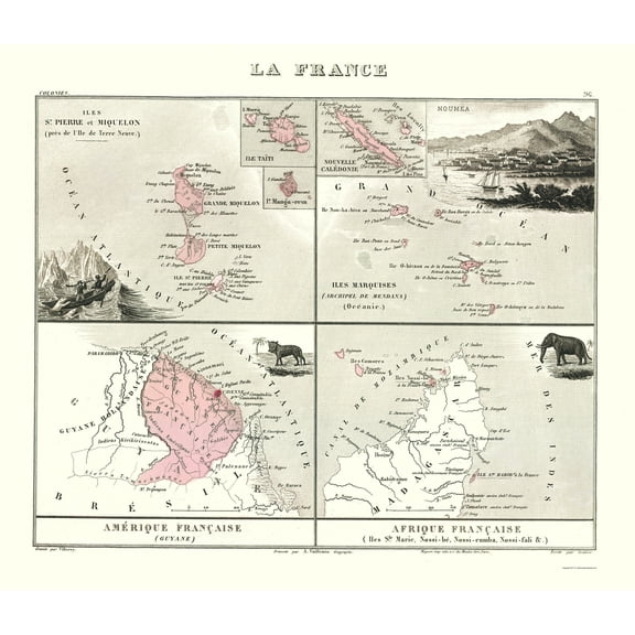 Historic Map - French Island Colonies - Migeon 1869 - 23 x 26.75 - Vintage Wall Art