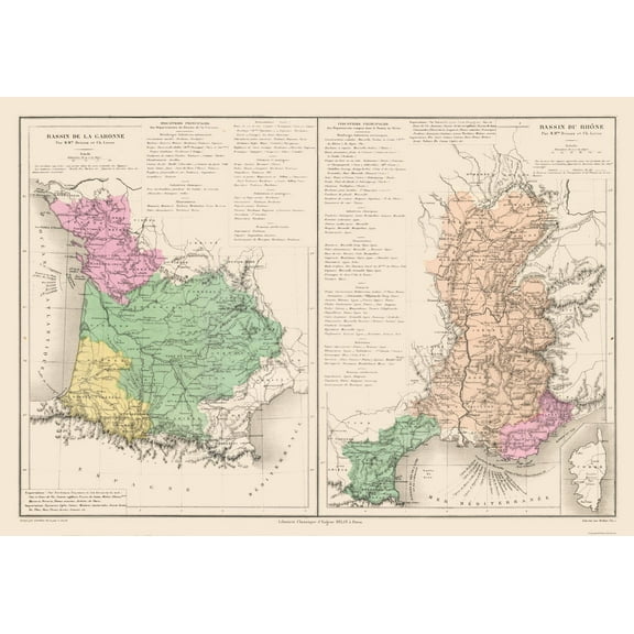 Historic Map - Garonne Rhone Rivers France - Drioux 1882 - 33.17 x 23 - Vintage Wall Art