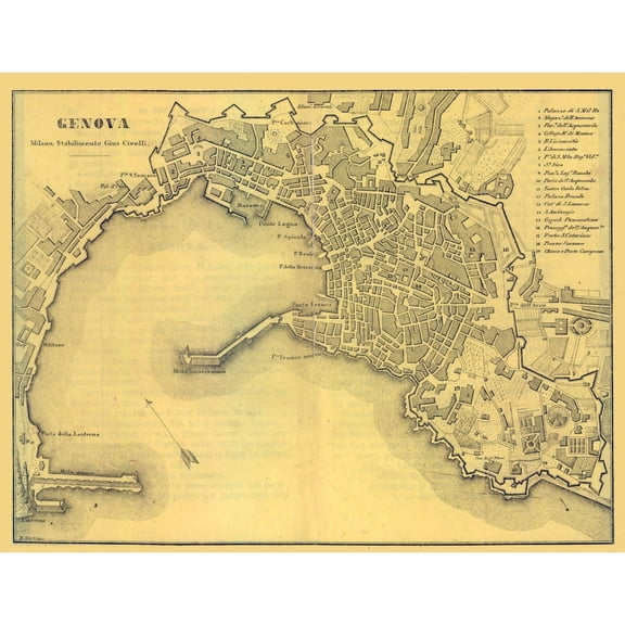 Historic Map - Genova Italy - Muggiani 1865 - Vintage Wall Art