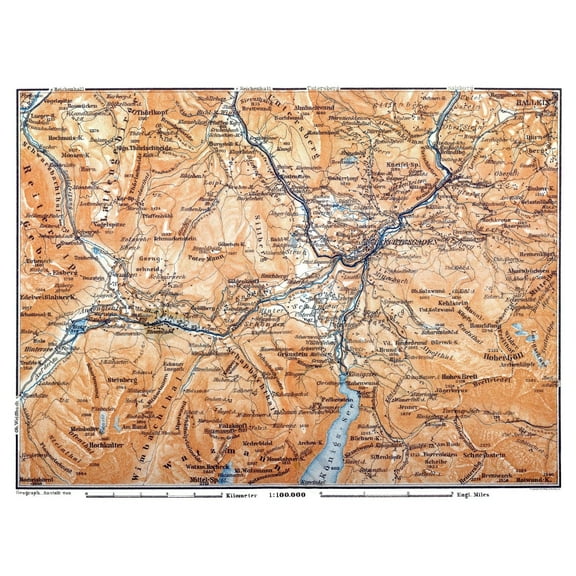 Historic Map - Germany Austria Mountains - Baedeker 1914 - Vintage Wall Art