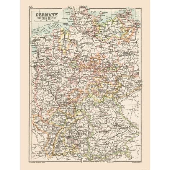 Historic Map - Germany Western - Bartholomew 1892 - 23 x 30.11 - Vintage Wall Art