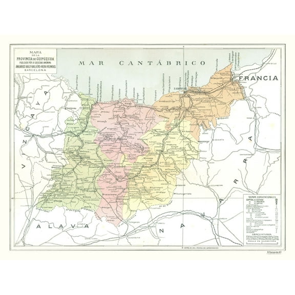 Historic Map - Gipuzkoa Province Spain - Pompido 1913 - 29.98 x 23 - Vintage Wall Art