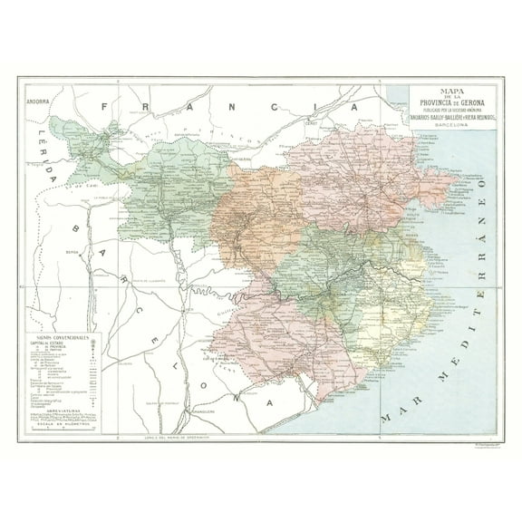 Historic Map - Girona Province Spain - Pompido 1913 - 30.03 x 23 - Vintage Wall Art