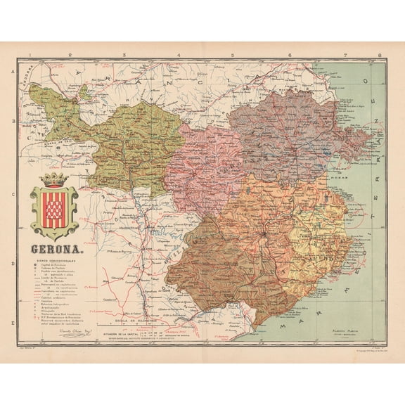 Historic Map - Girona Spain - Martin 1900 - 28.89 x 23 - Vintage Wall Art