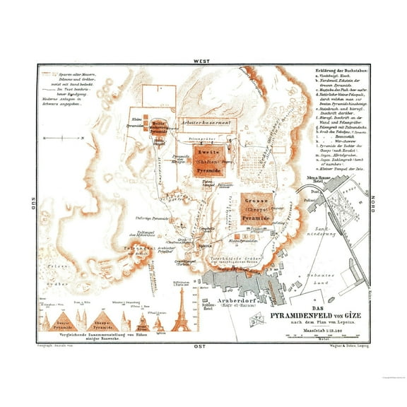 Historic Map - Giza Necropolis Egypt - Baedeker 1913 - 26.54 x 23 - Vintage Wall Art